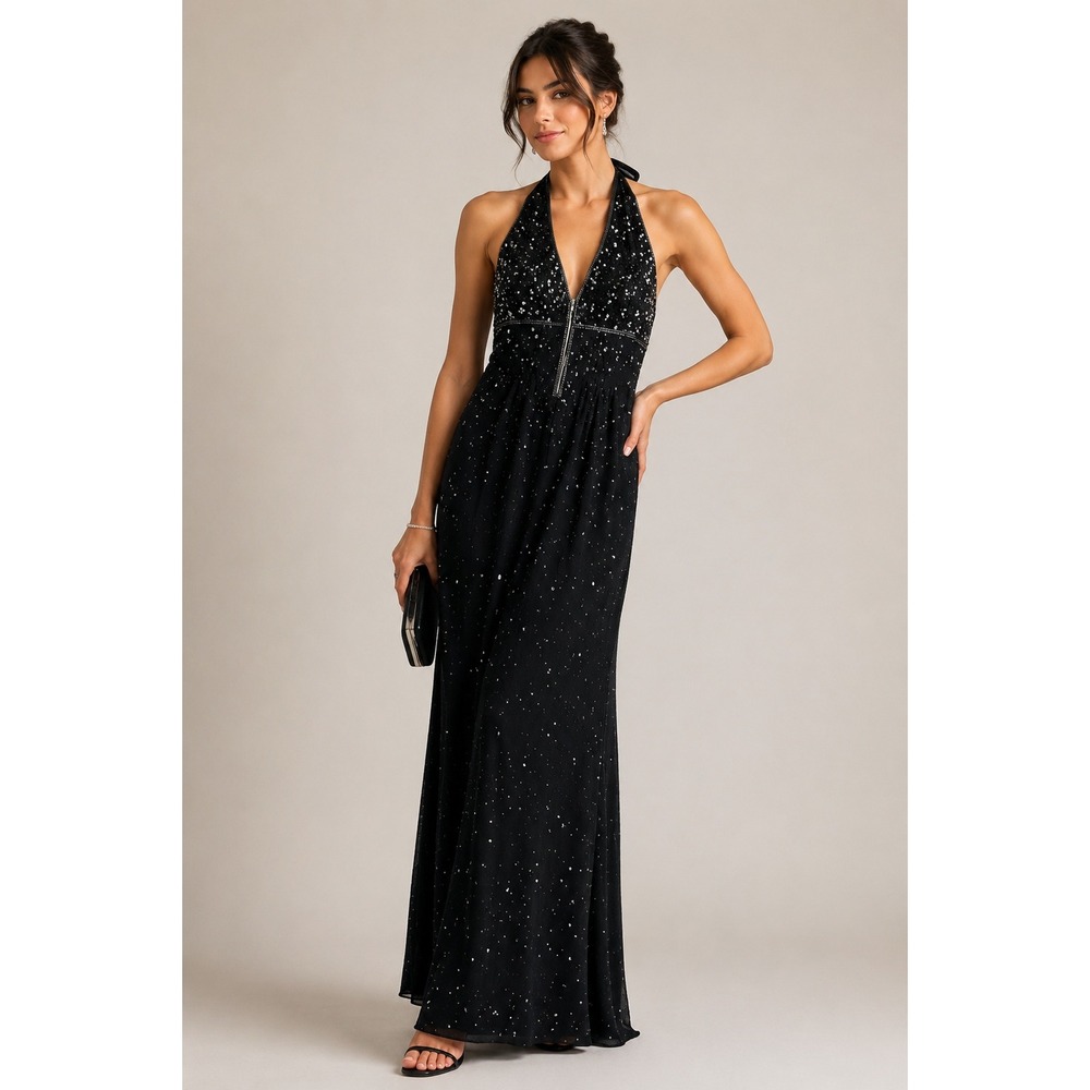 Scala Black Halter Beaded Sequin Maxi Formal Gown Sz L
